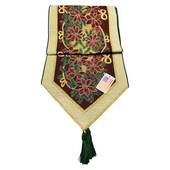 Christmas Tapestry Table Runner Maroon Green Metallic 72" NEW - Picture 7 of 9